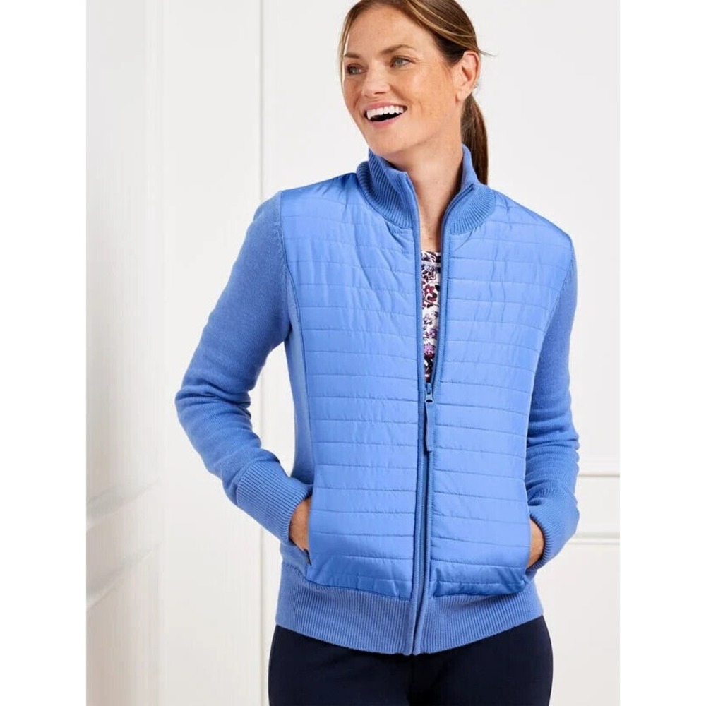 Talbots Coolmax Quilted Sweater Jacket Blue L Zip Straight Hem Winter Comfort